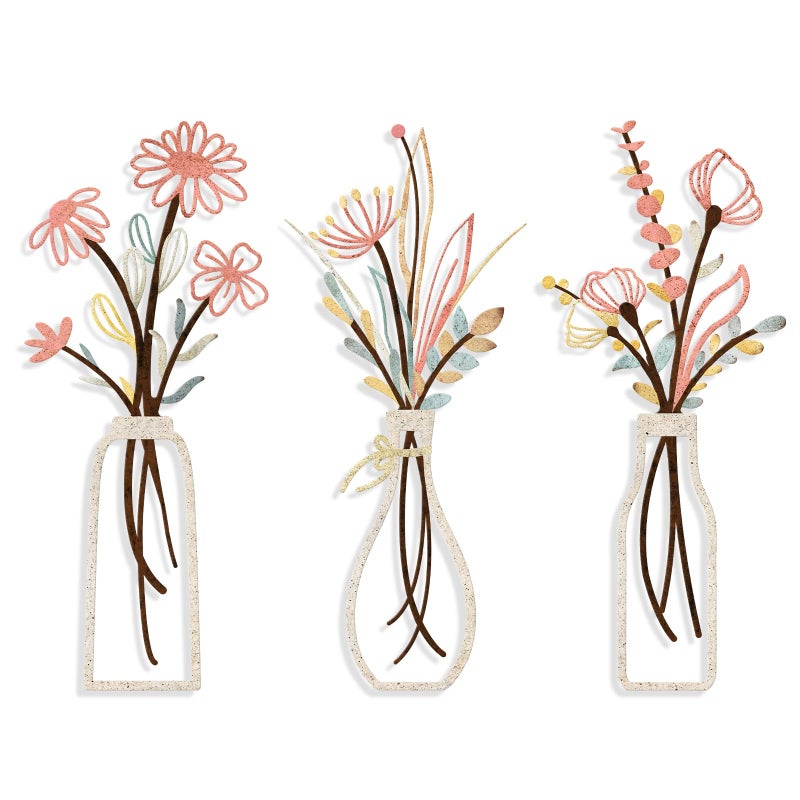 Pigort 3 Pieces Metal Flowers Wall Arts - Rustic Farmhouse Style DÃ©cor Metal Wall Art Black Minimalist Flower Natural Themed Wall Decors for Home Bedroom Dining Room Housewarming (Pink Beige) - Image 1