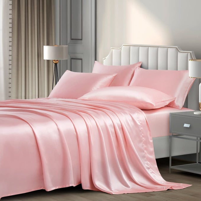6 PIECES FULL SATIN SHEETS LUXURY SILKY BLUSH PINK SATIN BEDDING SHEET SET 1 DEEP POCKET FITTED SHEET 1 FLAT SHEET 4 PILLOW CASES