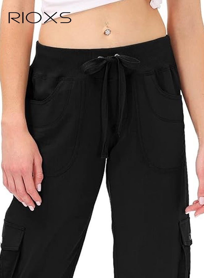 ريوكس السراويل الداخلية، سراويل ذات الأرجل العريضة والجيوب، والسراويل الرياضية ذات الأرجل المرنة، والسراويل الرياضية ذات الأرجل المرنة، والسراويل الخفيفة المريحة للسيدات، والسراويل الخارجية هي رياضة السفر، والسراويل السوداء للنساء - Image 3