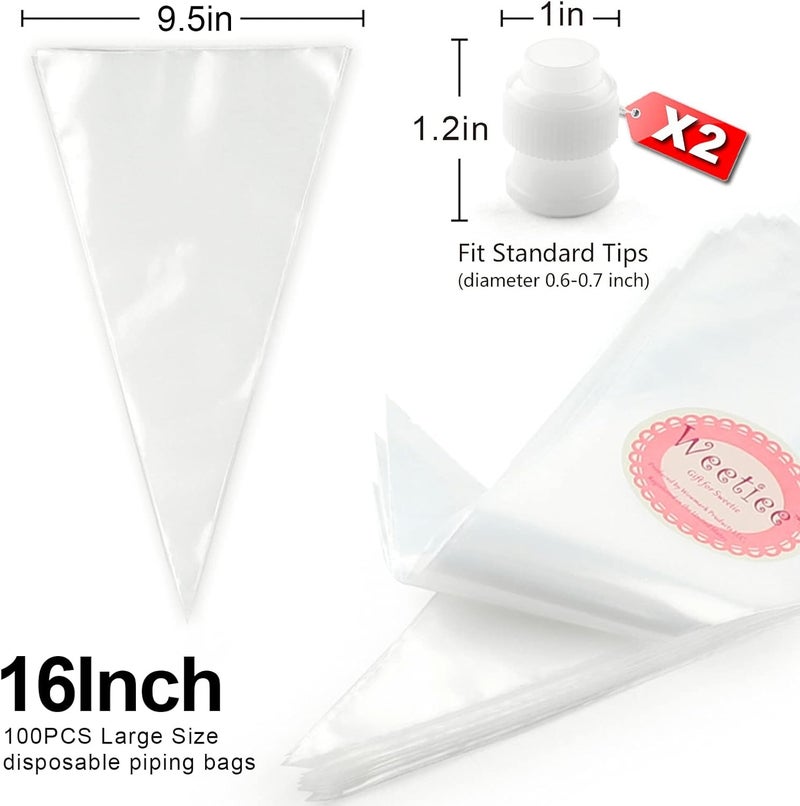 Weetiee Pastry Piping Bags -100 Pack-16-Inch Disposable Cake Decorating Bags Anti-Burst Cupcake Icing Bags for all Size Tips Couplers and Baking Cookies Candy Supplies Kits - Bonus 2 Couplers - Image 4