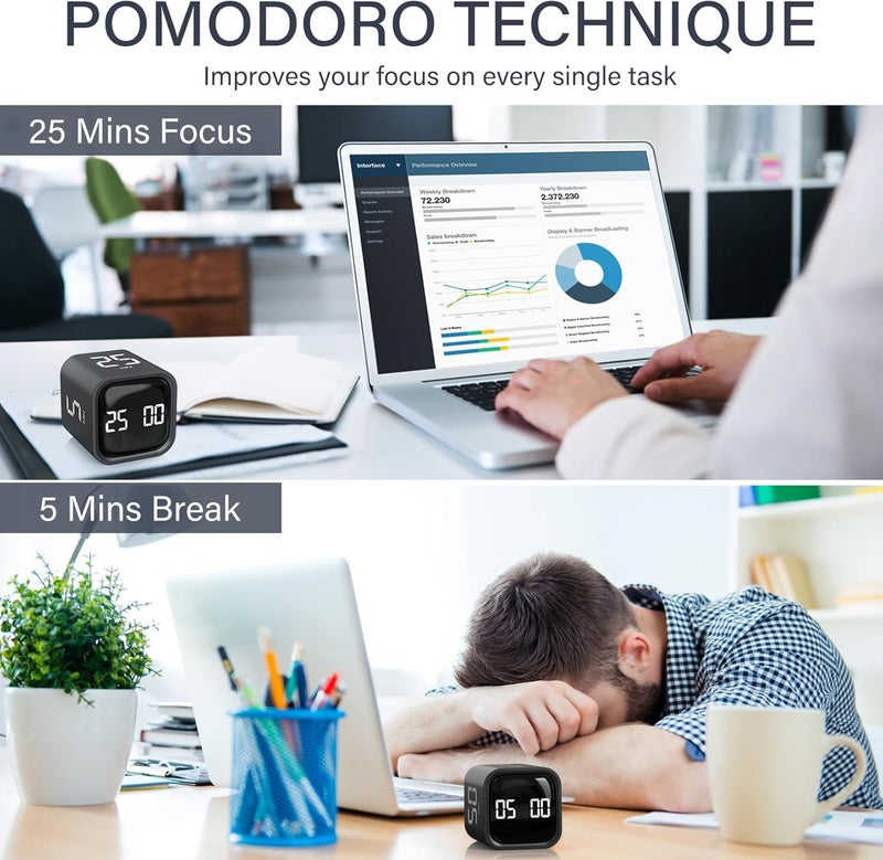 OORAII Rotating Pomodoro Timer 5, 25, 10 50 Minutes Preset, Desk Productivity Timer w/Gravity Sensor, ADHD Tool Cube Timer, Vibration/High/Low Volume/Custom Modes, for Work, Study, Back to School, Kitchen - Image 3