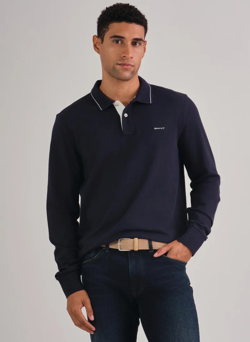 GANT Gant Textured Collar Long Sleeve Polo Shirt