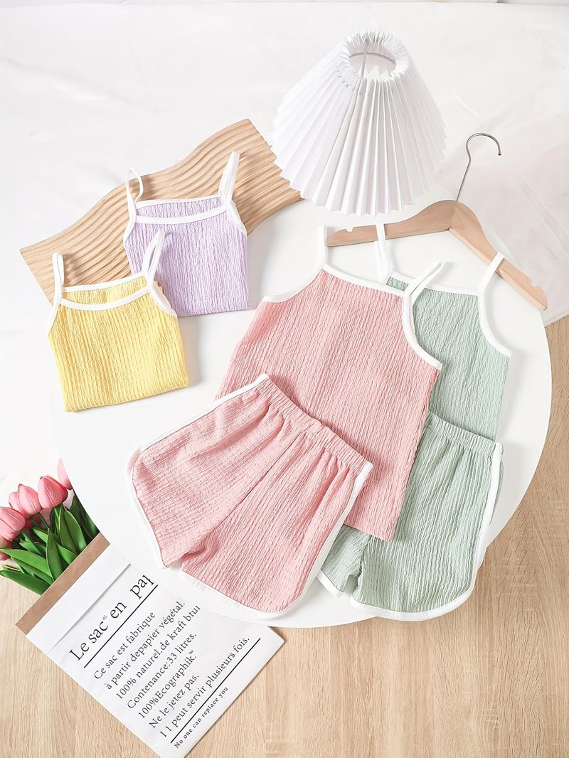 Fdqin 8 Piece Short Set for Girls Camisole Tops and Contrast Binding Beach Shorts Cotton Linen Clothes Set Puple/Pink/Green/Yellow 7 Years - Image 2