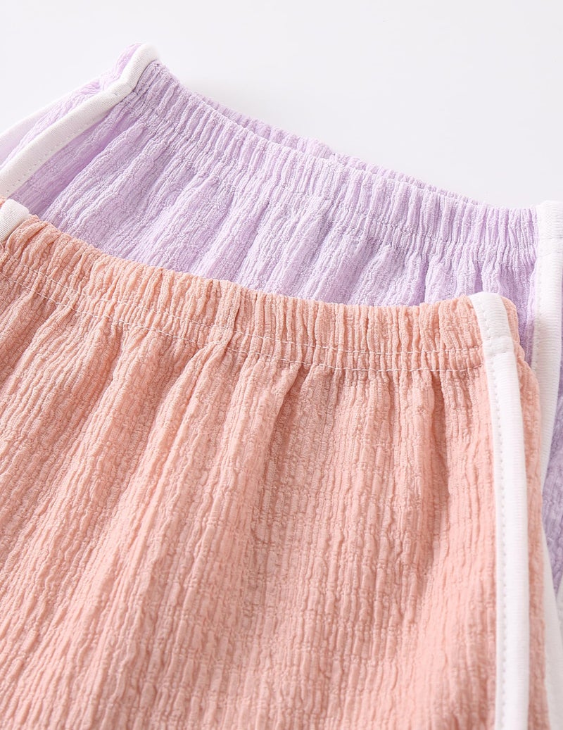 Fdqin 8 Piece Short Set for Girls Camisole Tops and Contrast Binding Beach Shorts Cotton Linen Clothes Set Puple/Pink/Green/Yellow 7 Years - Image 4