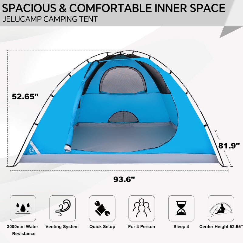 JELUCAMP 4 Person Dome Tents for Camping, Lightweight Portable Family Dome Tent, Easy Setup Waterproof Camping Tent for 3 Season, 4 Person Outdoor Tent, Blue - Image 2