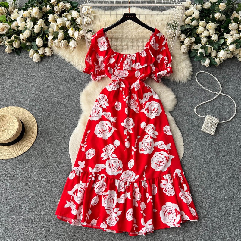 Summer ink painting printing ladies slim-fit mid-length dress womens summer rose waist-tight skirt fashion Red 