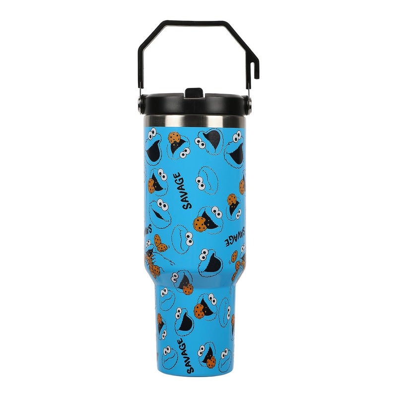 Bioworld Sesame Street Cookie Monster AOP 40 Oz Vacuum Sealed Stainless Steel Tumbler With Carry Handle - Image 2