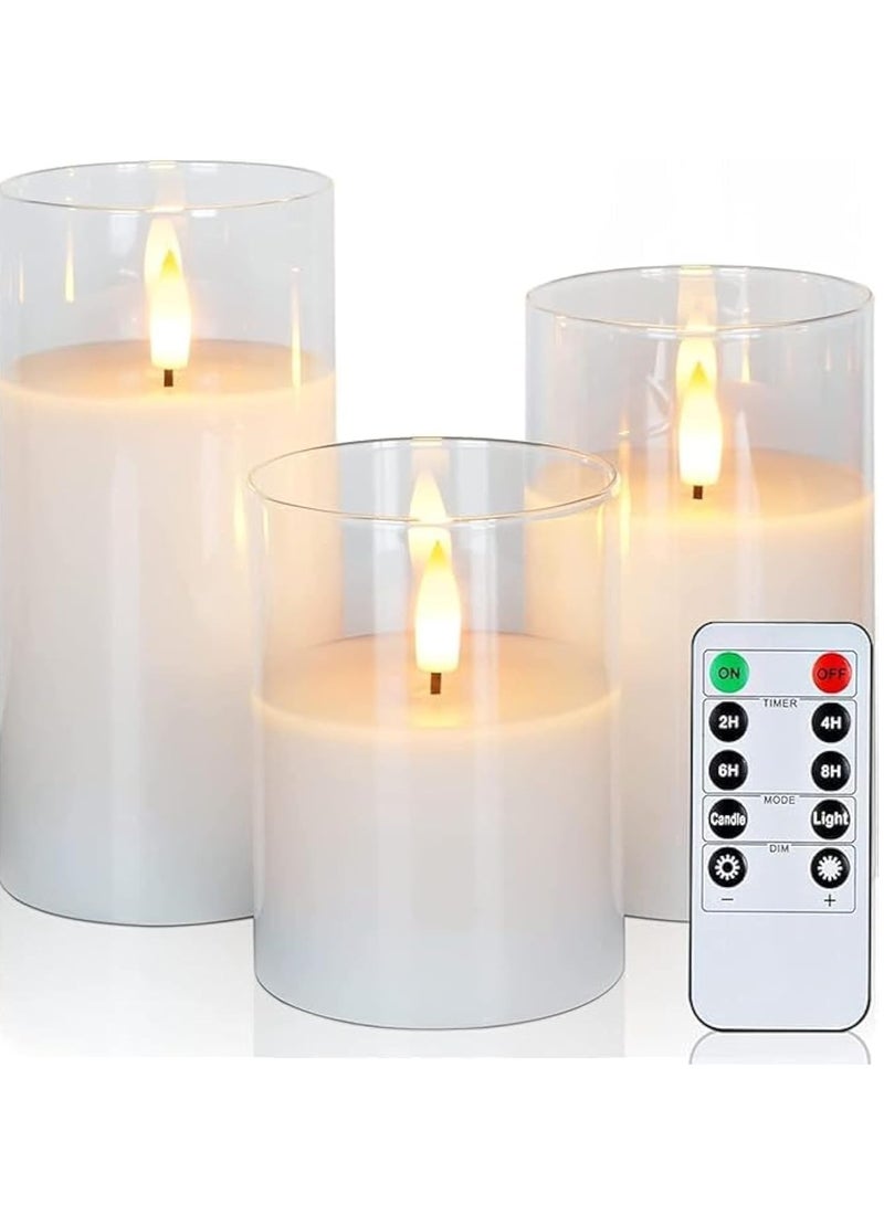 ELTRAZONE Set of 3 Glass Flameless Candles with Timer & Remote Control – Flickering LED Pillar Candles, Battery Powered for Holiday, Restaurant, and Home Decoration – Safe, Elegant Lighting with Realistic Flame Effect - Image 1