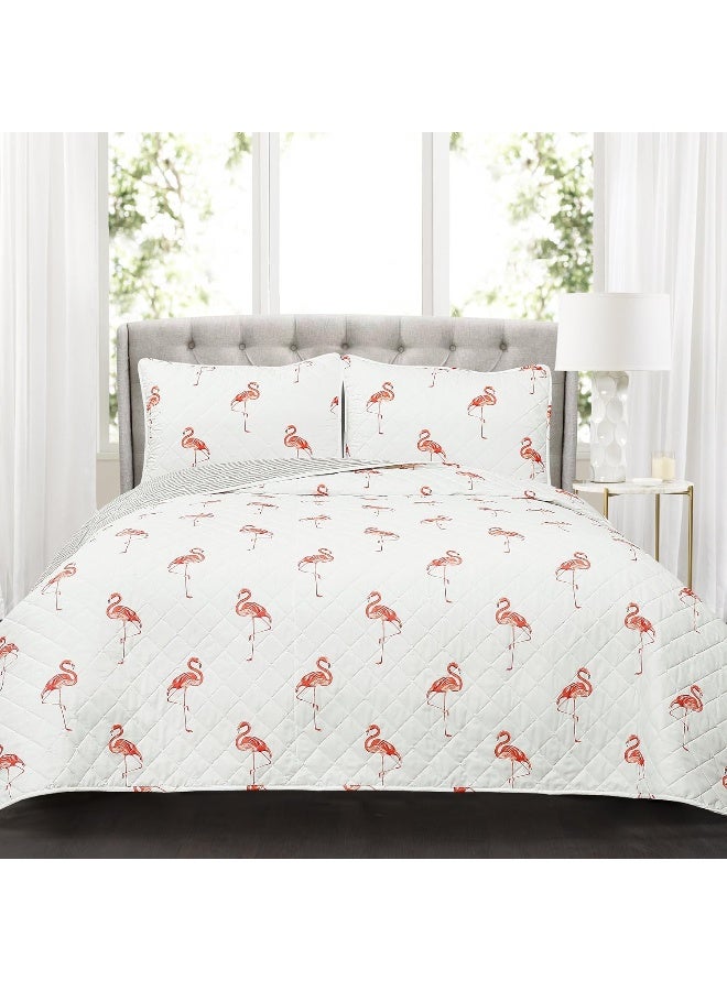 Lush Decor Lush Decor Kelly Flamingo Quilt Reversible 3 Piece Bedding Set with Pillow Shams Full Queen Coral and White  - Image 3