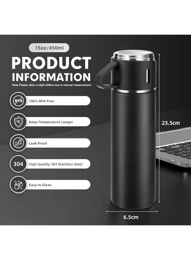 Stainless Steel Vacuum Flask Set 500ml with 3 Cups , Double Wall Insulated Thermos Bottle Keeps Drinks Hot or Cold for Up to 12 Hours, Ideal for Travel, Office and Outdoor Use - Black - Image 3