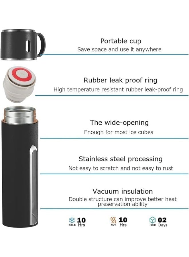 Stainless Steel Vacuum Flask Set 500ml with 3 Cups , Double Wall Insulated Thermos Bottle Keeps Drinks Hot or Cold for Up to 12 Hours, Ideal for Travel, Office and Outdoor Use - Black - Image 5