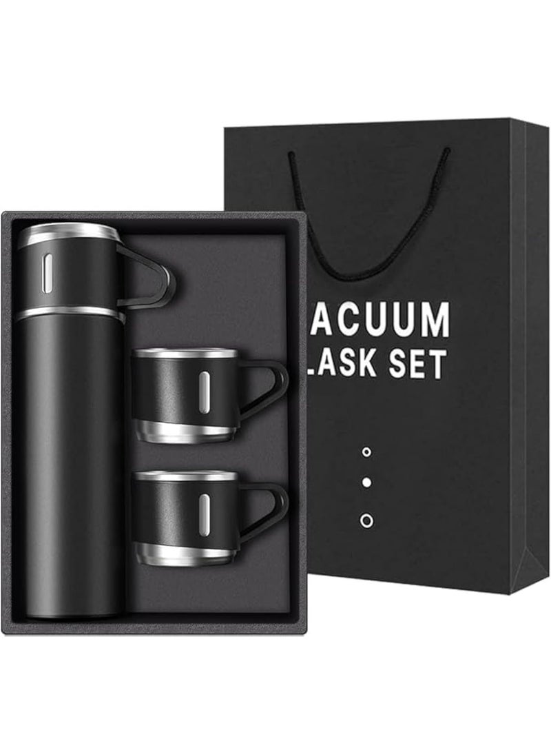 Stainless Steel Vacuum Flask Set 500ml with 3 Cups , Double Wall Insulated Thermos Bottle Keeps Drinks Hot or Cold for Up to 12 Hours, Ideal for Travel, Office and Outdoor Use - Black - Image 1