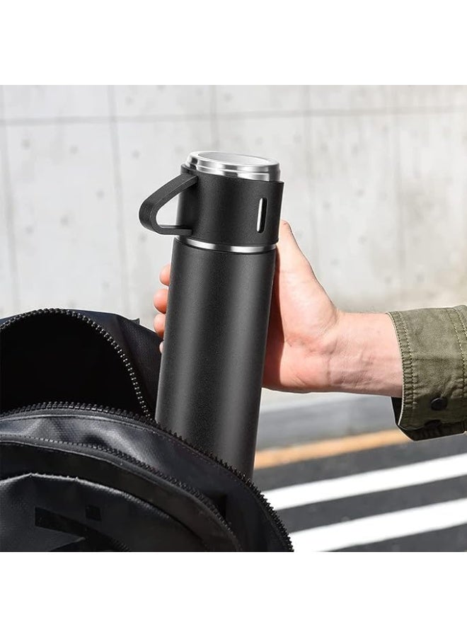 Stainless Steel Vacuum Flask Set 500ml with 3 Cups , Double Wall Insulated Thermos Bottle Keeps Drinks Hot or Cold for Up to 12 Hours, Ideal for Travel, Office and Outdoor Use - Black - Image 2