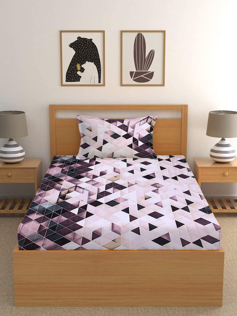 VYBBA 144 TC 100% Cotton Single Bedsheet with 1 Pillow Cover (20x30 inch), Bed Sheet (60x90 inch || 5 X 7.4 feet) || Geometric Print_Oyster Pink Color - Image 1