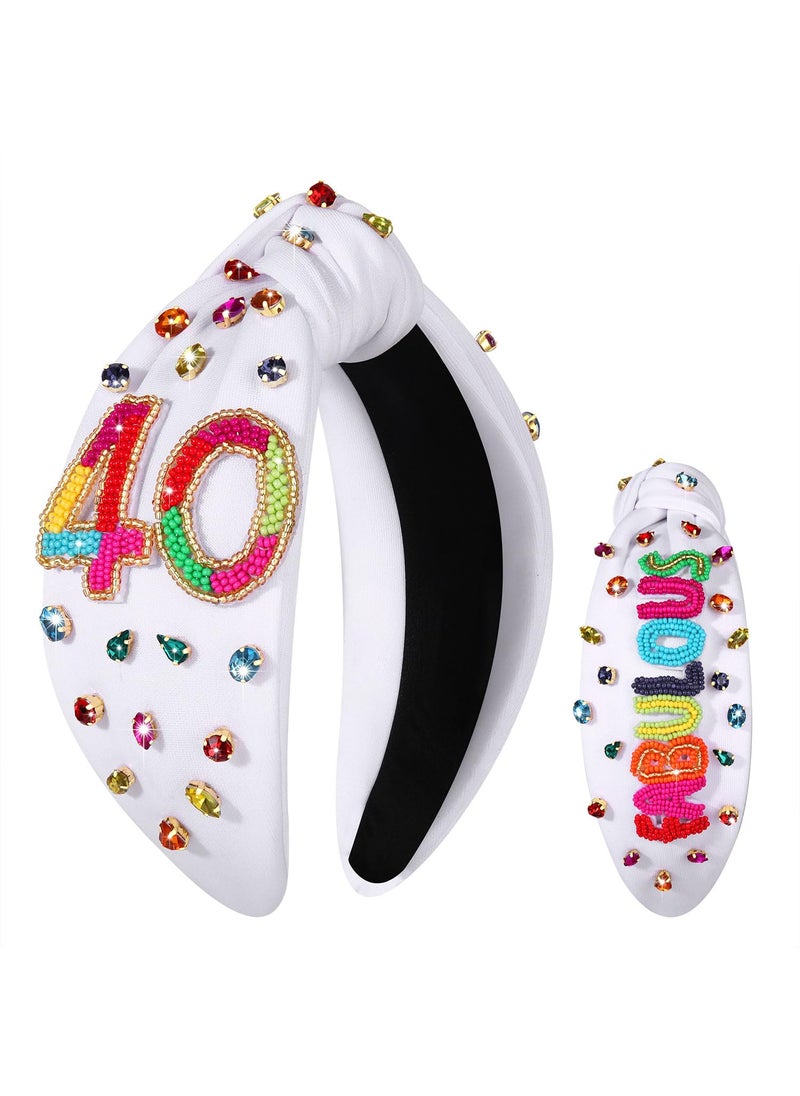 Boderier boderier FABULOUS 40 Birthday Headband for Women White Wide Knotted Headband with Crystal Embellished 40th Birthday Decorations Birthday Gifts for Women 