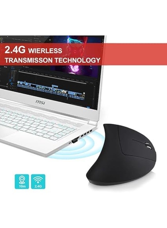 ماوس لاسلكي قابل لإعادة الشحن بتردد 2.4 جيجاهرتز، ماوس ضوئي بتصميم عمودي مريح بـ3 مستويات نقطة لكل بوصة قابلة للتعديل  مناسب للتوصيل والتشغيل، أسود - Image 4