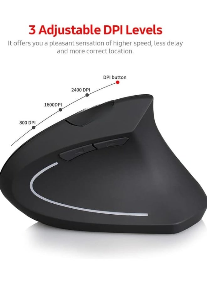 ماوس لاسلكي قابل لإعادة الشحن بتردد 2.4 جيجاهرتز، ماوس ضوئي بتصميم عمودي مريح بـ3 مستويات نقطة لكل بوصة قابلة للتعديل  مناسب للتوصيل والتشغيل، أسود - Image 5