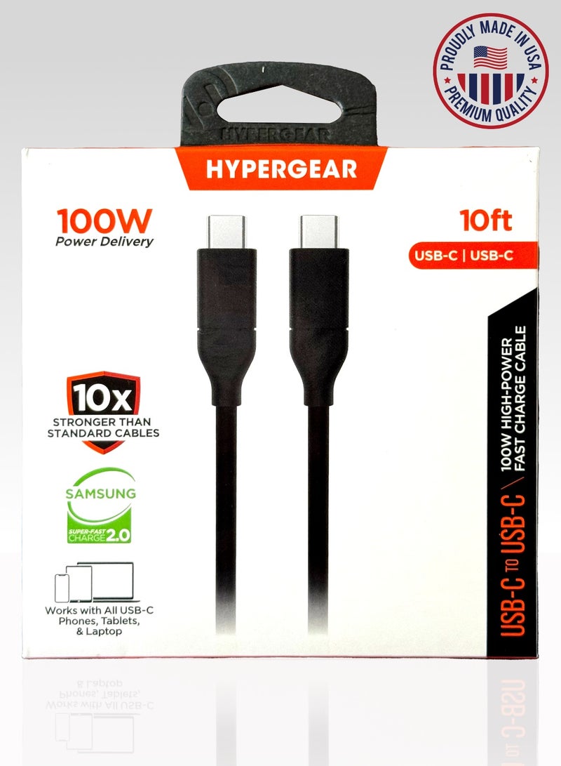 USB-C to USB-C (100W 10ft) Black Colour, High Power fast charge cable, Works with All USB-C Phones,Tablets & Laptop