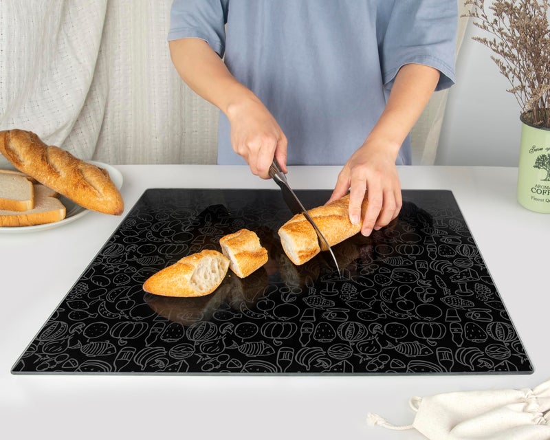 Kitchenville Glass Cutting Board 20”x16”: Tempered Glass Kitchen Counter Protector - Durable- Scratch-Resistant, Heat-Proof - Design 4 - Black Design - Image 3