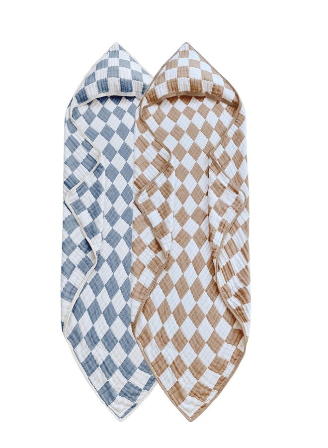 Brnabiou Ultra Soft Checkered Muslin Hooded Baby Towels for Newborn Boys and Girls 2 Pack 32x32 inch Cotton Muslin Baby Bath Towels for Newborns Toddlers,Newborn Essential (Blue and Coffee) - Image 1