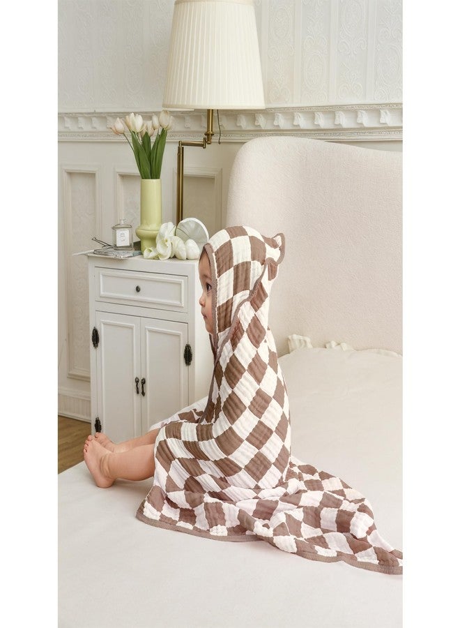 Brnabiou Ultra Soft Checkered Muslin Hooded Baby Towels for Newborn Boys and Girls 2 Pack 32x32 inch Cotton Muslin Baby Bath Towels for Newborns Toddlers,Newborn Essential (Blue and Coffee) - Image 2