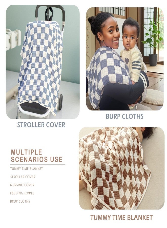 Brnabiou Ultra Soft Checkered Muslin Hooded Baby Towels for Newborn Boys and Girls 2 Pack 32x32 inch Cotton Muslin Baby Bath Towels for Newborns Toddlers,Newborn Essential (Blue and Coffee) - Image 3