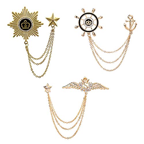 Huture 3packs Men's Elegant Brooch Wing Tassel Chain Brooch Rudder Brooch Shield Brooch Lapel Pin Badge Brooch Rhinestone Badge Vintage Corsage for Men Tie Hat Scarf Suit Tuxedo Gold - Image 1