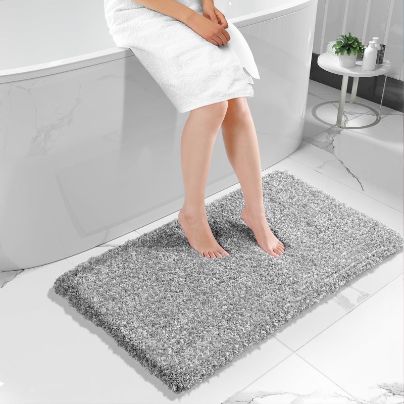 Yimobra Long Bathroom Rug 47x 24 Super Absorbent Bath Mat Quick Dry Luxury NonSlip Bath Rugs for Tub Side Double Sink Vanity Machine Washable Home Decor Accessories Light Gray and White