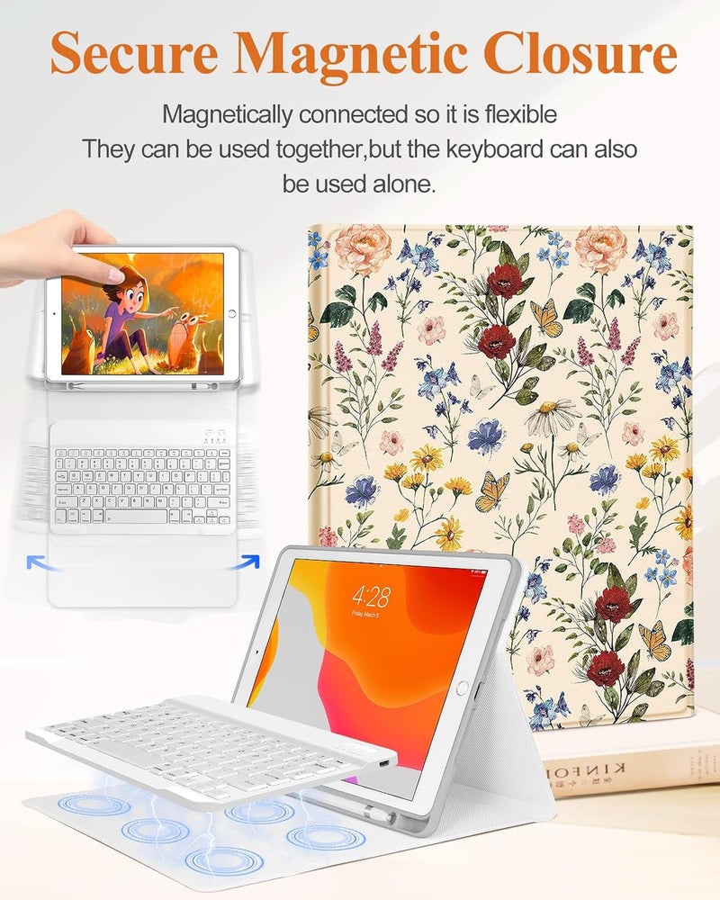 Wazzasoft for iPad 9th/8th/7th/Air 3rd Generation/Pro 10.5 Inch Case Keyboard Pencil Holder Folio Tablet Cover Women Girl Cute Girly Teen Kawaii Floral Flower Unique Design for Apple 10.2 & 10.5 Inch - Image 4