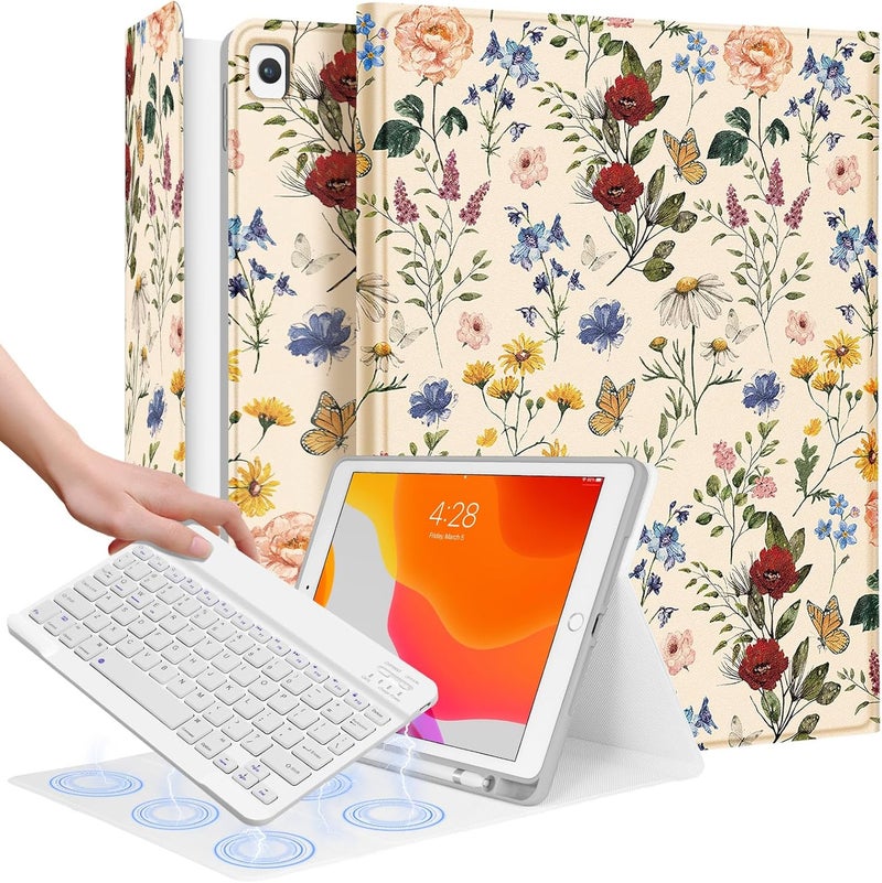 Wazzasoft for iPad 9th/8th/7th/Air 3rd Generation/Pro 10.5 Inch Case Keyboard Pencil Holder Folio Tablet Cover Women Girl Cute Girly Teen Kawaii Floral Flower Unique Design for Apple 10.2 & 10.5 Inch - Image 1