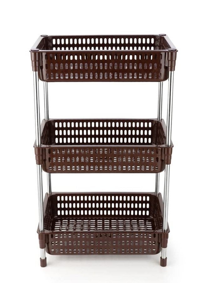 Finner Square Plastic-Stainless Steel Pipe Fruit & Vegetable Rack for Kitchen Storage Organizer Rack Shelf for Living Room, Office- (3 Layer, Brown) - Image 1