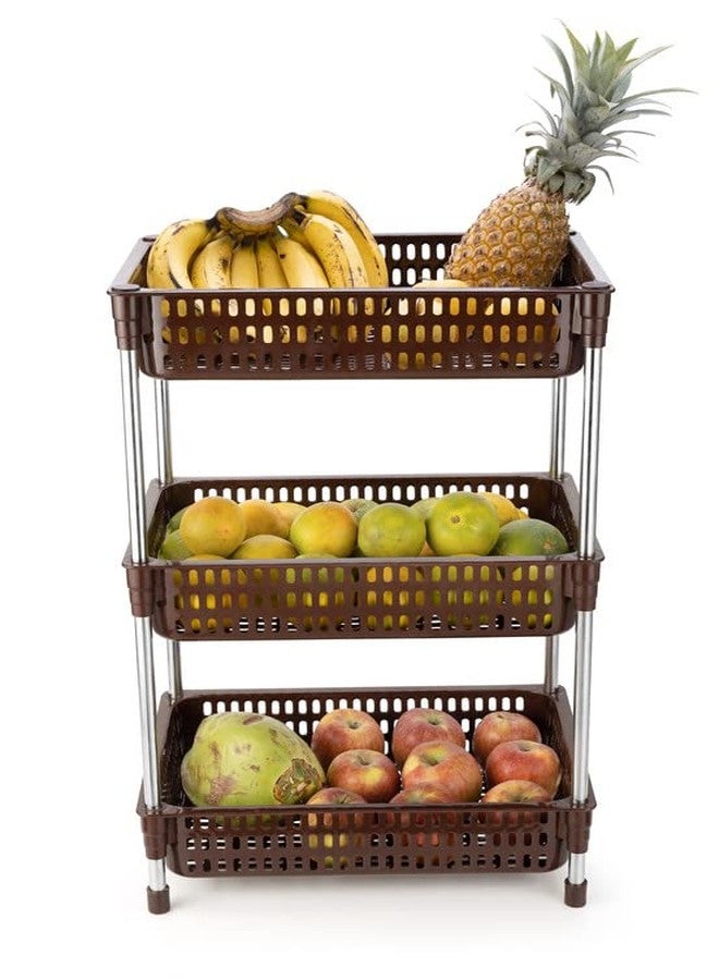 Finner Square Plastic-Stainless Steel Pipe Fruit & Vegetable Rack for Kitchen Storage Organizer Rack Shelf for Living Room, Office- (3 Layer, Brown) - Image 3
