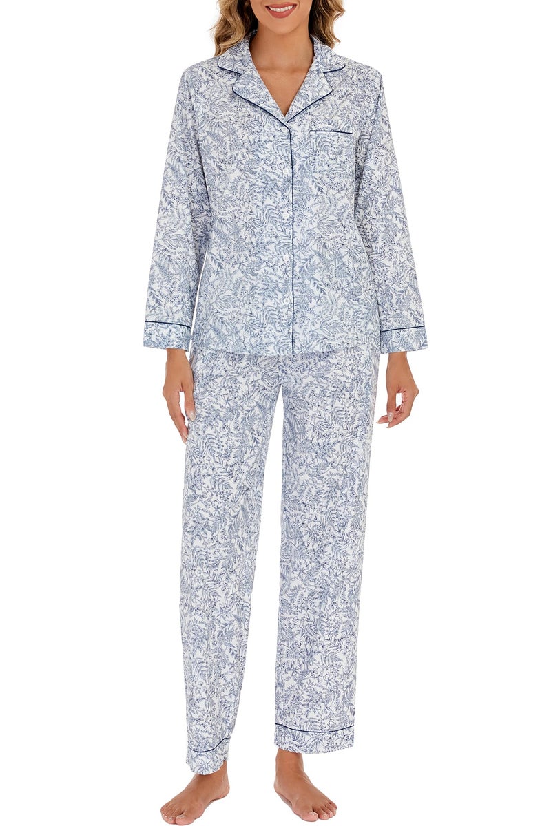 LUBOT 100% Cotton Pajamas for Women 2PC PJ Set Poplin Pajama Set Woven Long Sleeve Button-Down Two Piece Printed Sleepwear Loungewear Set (Sketch Leaf, L) - Image 1