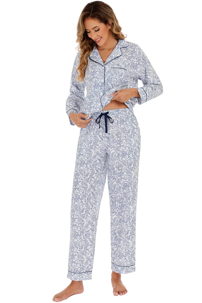 LUBOT 100% Cotton Pajamas for Women 2PC PJ Set Poplin Pajama Set Woven Long Sleeve Button-Down Two Piece Printed Sleepwear Loungewear Set (Sketch Leaf, L) - Image 4