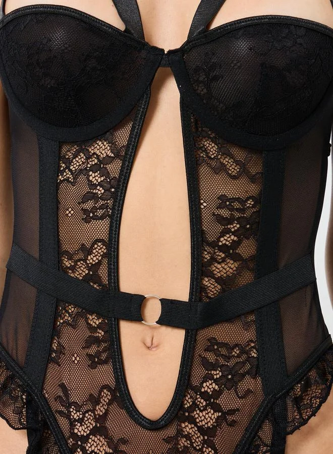 Take Two Take Two Lace Patchwork Padded Wired Ruffle Hem Bodysuit with Garter