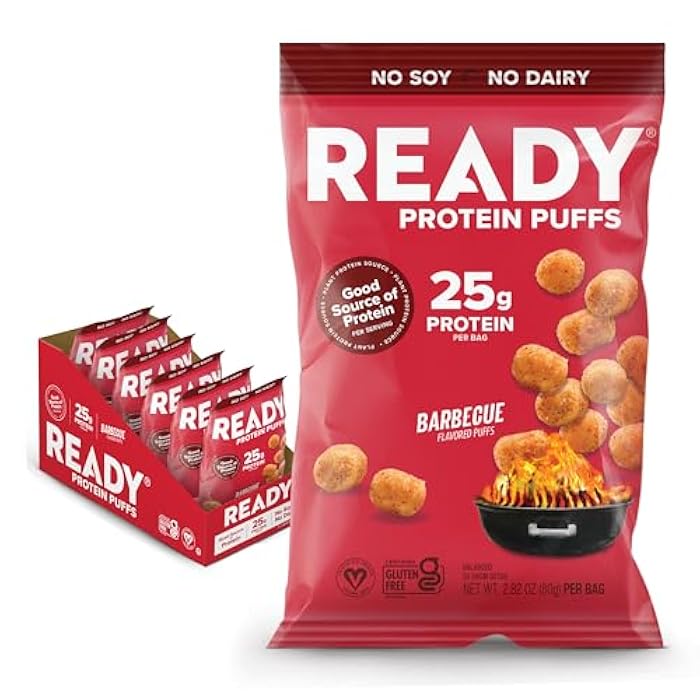 Ready® Protein Puffs – Guilt-Free, High-Protein Crunchy Snack – 25g Plant-Based Protein – Vegan, Gluten-Free, No Artificial Flavors – Barbecue (Case of 6, 2.5oz Bags) - Image 1