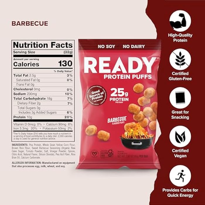 Ready® Protein Puffs – Guilt-Free, High-Protein Crunchy Snack – 25g Plant-Based Protein – Vegan, Gluten-Free, No Artificial Flavors – Barbecue (Case of 6, 2.5oz Bags) - Image 2