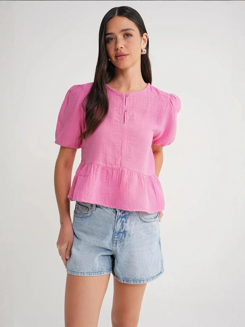 MixRay Mixray Textured Muslin Crew Neck Blouse with Button Closure