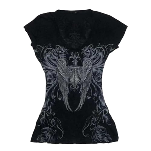 MANGMAO Grunge Shirts 2000s Clothing Women Vintage Graphic Tees Y2k Short Sleeve Goth Tops Teens Emo Clothes Streetwear (Black White,Small) - Image 1