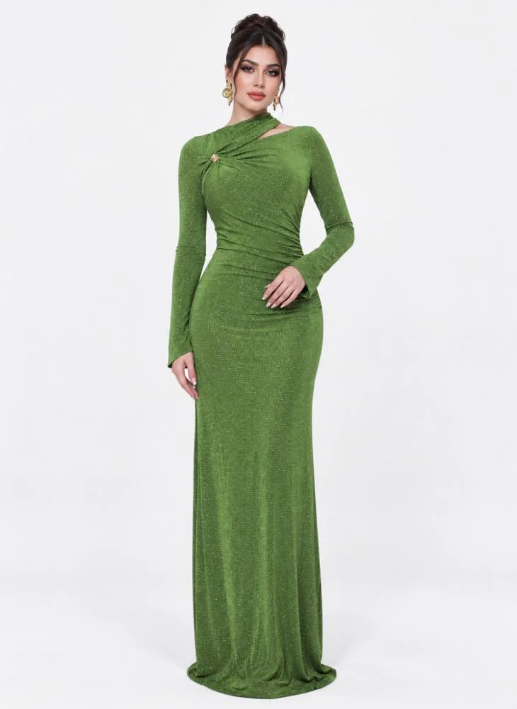 Opera Fashion Green Shimmer Stretch Mermaid Evening Dress with Long Sleeves