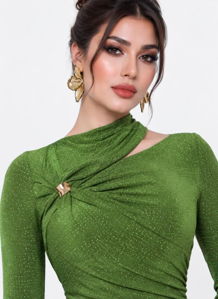 Opera Fashion Green Shimmer Stretch Mermaid Evening Dress with Long Sleeves