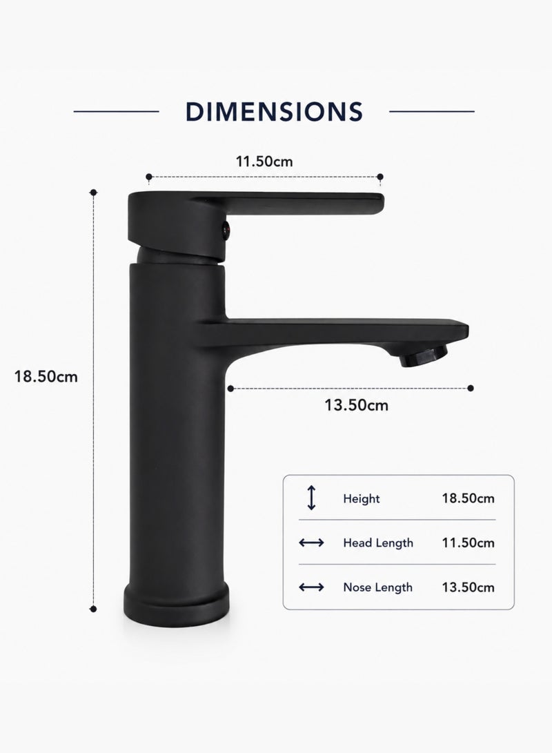 Premium Matte Black Wash Basin Mixer Faucet, Single Handle Bathroom Sink Tap, Brass Basin Mixer with Hot & Cold Water, Deck Mounted Lavatory Faucet, Modern Vanity Tap with Stainless Steel Braided Hoses - Image 2