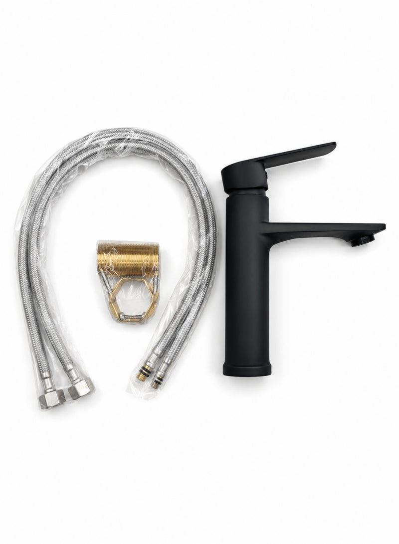 Premium Matte Black Wash Basin Mixer Faucet, Single Handle Bathroom Sink Tap, Brass Basin Mixer with Hot & Cold Water, Deck Mounted Lavatory Faucet, Modern Vanity Tap with Stainless Steel Braided Hoses - Image 3