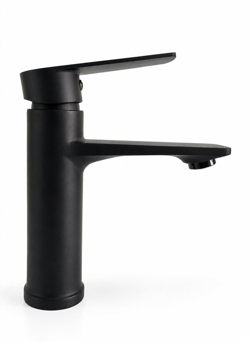 Premium Matte Black Wash Basin Mixer Faucet, Single Handle Bathroom Sink Tap, Brass Basin Mixer with Hot & Cold Water, Deck Mounted Lavatory Faucet, Modern Vanity Tap with Stainless Steel Braided Hoses - Image 5