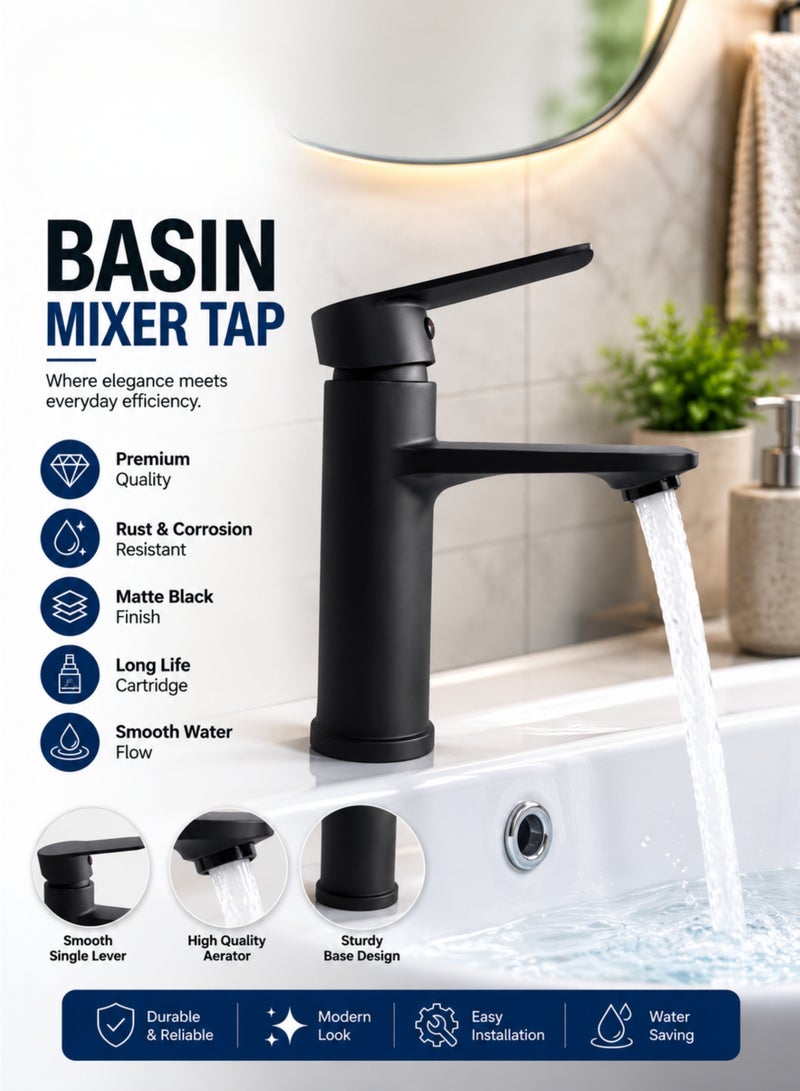 Premium Matte Black Wash Basin Mixer Faucet, Single Handle Bathroom Sink Tap, Brass Basin Mixer with Hot & Cold Water, Deck Mounted Lavatory Faucet, Modern Vanity Tap with Stainless Steel Braided Hoses - Image 1