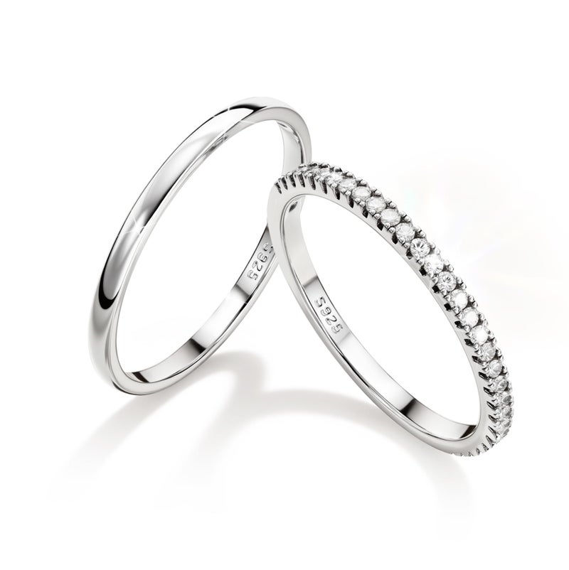 MILACOLATO 2Pcs Solid 925 Sterling Silver Rings for Women 1.3mm Thin Non Tarnish White Gold Plated Plain Thumb Stackable Rings Half Cubic Zirconia Wedding Eternity Band Rings S8 - Image 1