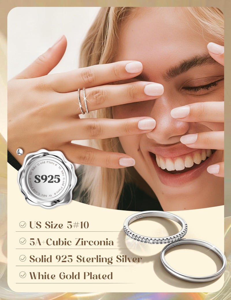 MILACOLATO 2Pcs Solid 925 Sterling Silver Rings for Women 1.3mm Thin Non Tarnish White Gold Plated Plain Thumb Stackable Rings Half Cubic Zirconia Wedding Eternity Band Rings S8 - Image 3