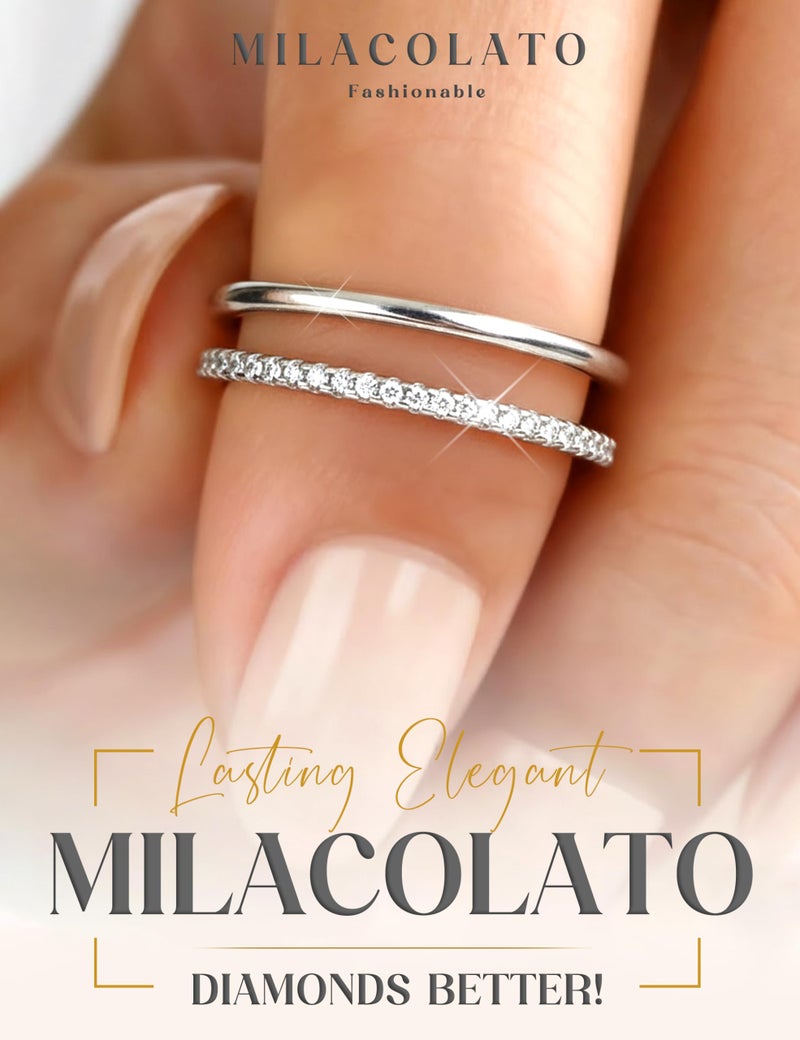 MILACOLATO 2Pcs Solid 925 Sterling Silver Rings for Women 1.3mm Thin Non Tarnish White Gold Plated Plain Thumb Stackable Rings Half Cubic Zirconia Wedding Eternity Band Rings S8 - Image 2