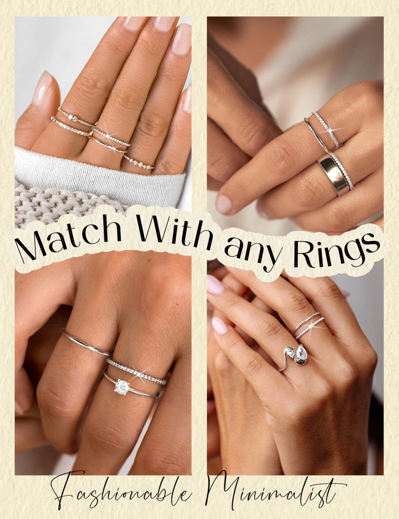 MILACOLATO 2Pcs Solid 925 Sterling Silver Rings for Women 1.3mm Thin Non Tarnish White Gold Plated Plain Thumb Stackable Rings Half Cubic Zirconia Wedding Eternity Band Rings S8 - Image 4