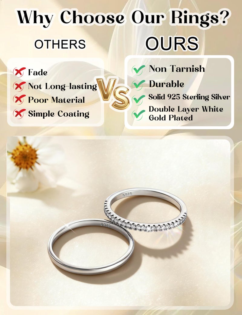 MILACOLATO 2Pcs Solid 925 Sterling Silver Rings for Women 1.3mm Thin Non Tarnish White Gold Plated Plain Thumb Stackable Rings Half Cubic Zirconia Wedding Eternity Band Rings S8 - Image 5